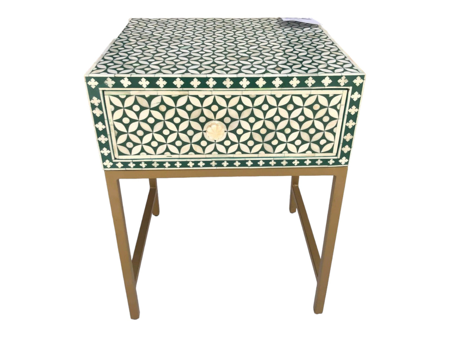 Heritage inlay morocco pattern wooden one drawer bedside / nightstand / side table with golden stand
