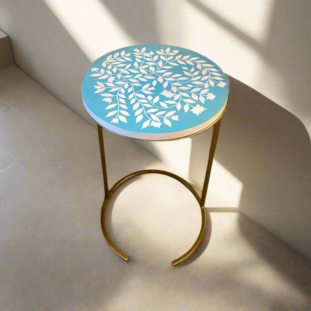 Heritage inlay in floral pattern wooden plant stand or side table