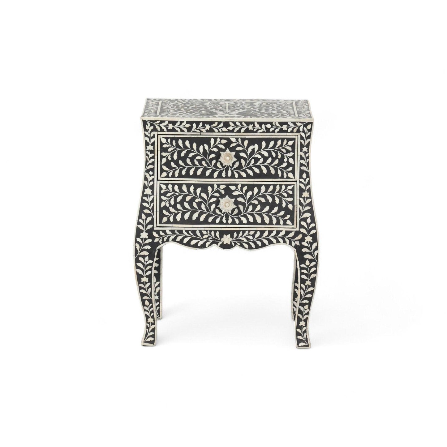 Heritage inlay floral pattern wooden two drawer curved style bedside / nightstand / side table