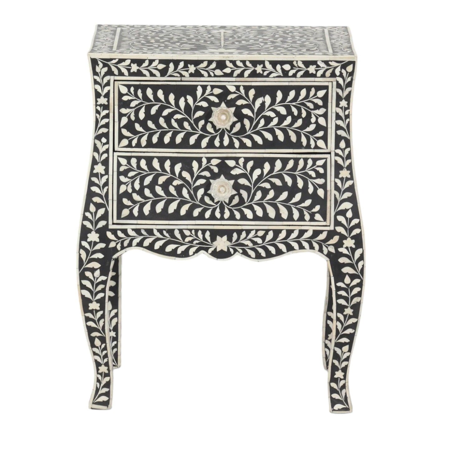 Heritage inlay floral pattern wooden two drawer curved style bedside / nightstand / side table