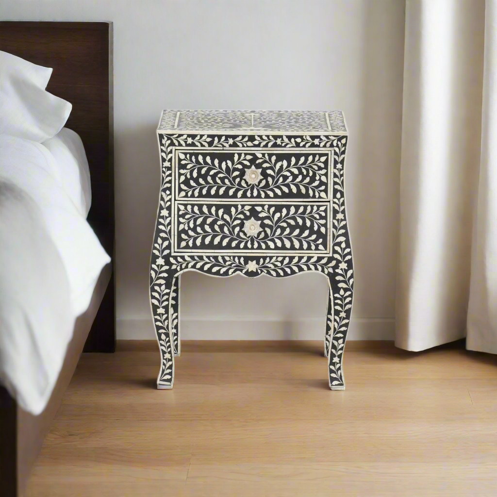 Riad inlay floral pattern two drawer curved style bedside / nightstand / side table