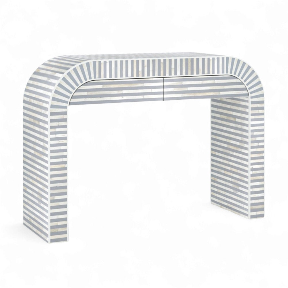 Heritage inlay Moroccan pattern with brass metal base legs wooden waterfall console table in Aqua