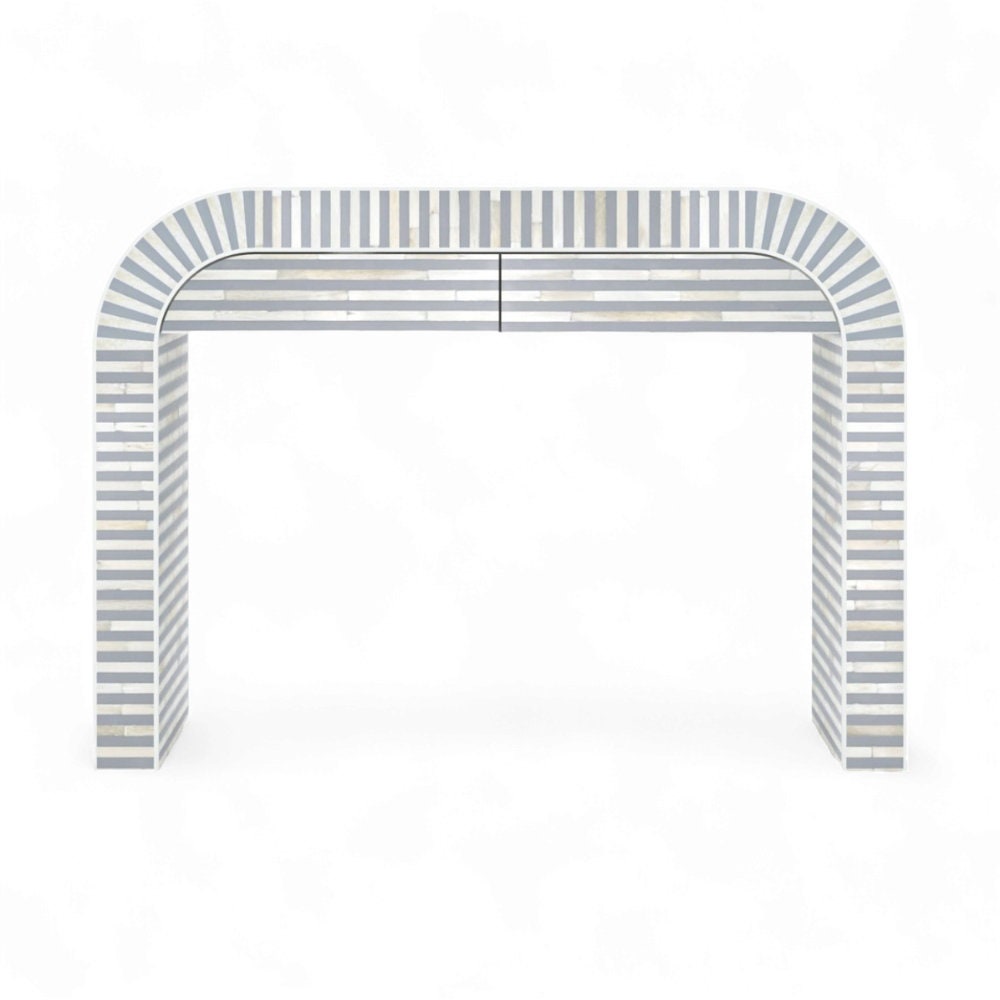 Heritage inlay Moroccan pattern with brass metal base legs wooden waterfall console table in Aqua