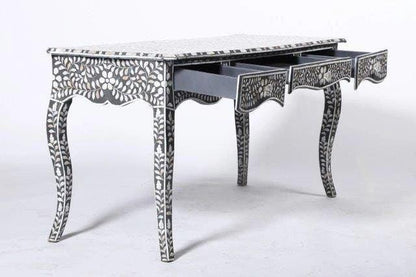  Mother of pearl  inlay floral pattern with three drawer wooden console or writing desk table