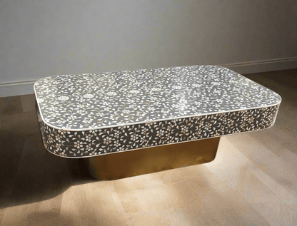 Mother of pearl inlay  floral pattern with brass metal base on wooden coffee table