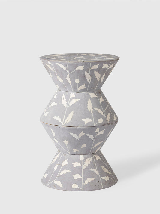 Heritage inlay round end table with floral design in soft grey, showcasing traditional craftsmanship and modern elegance.