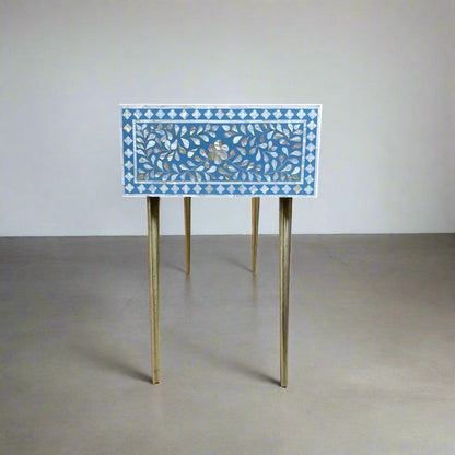 Mother of Pearl Inlay 2 Drawer Desk or Console Gold Coated Metal Legs