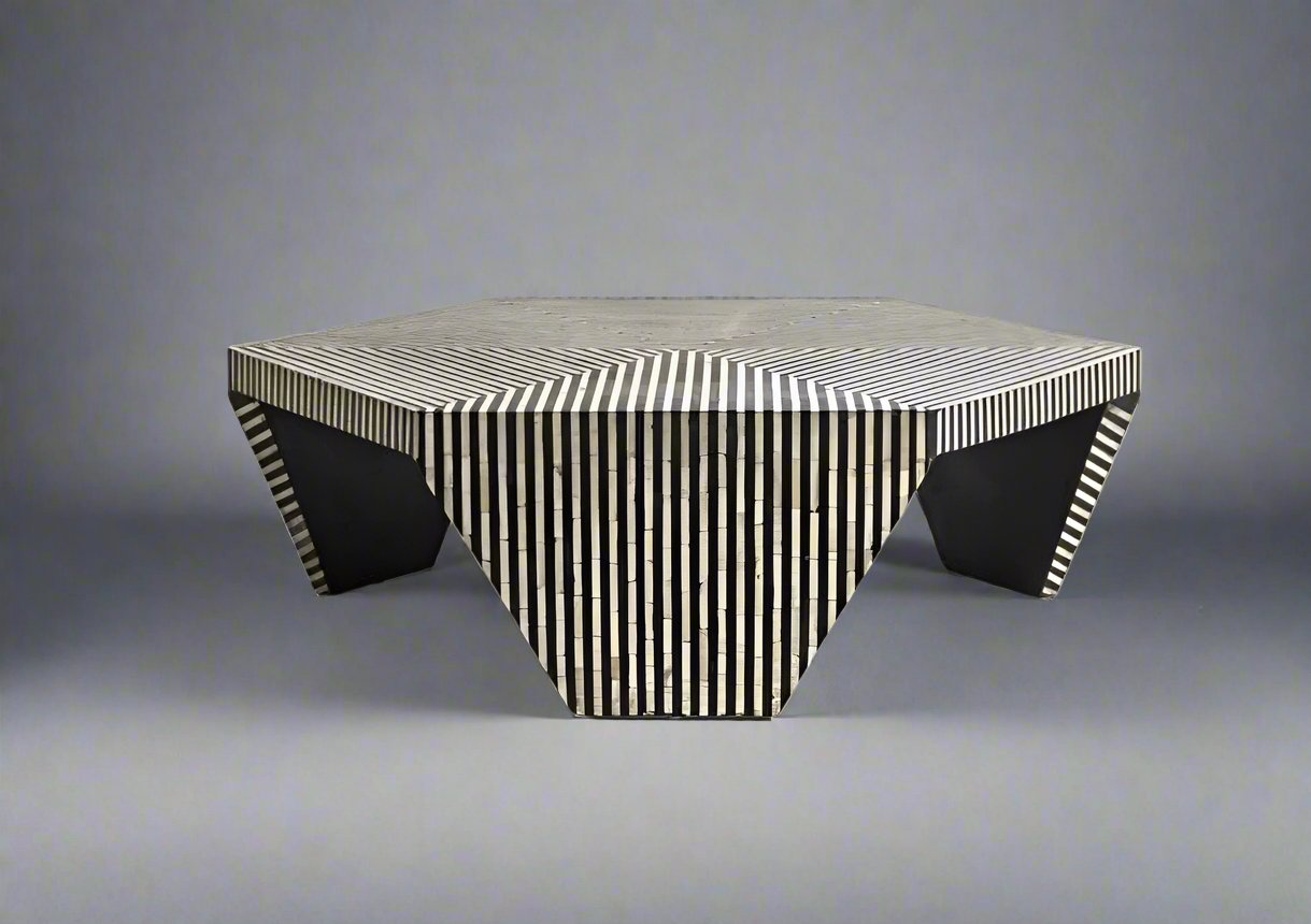  Heritage inlay stripes pattern Hexagon wooden coffee table  in Black