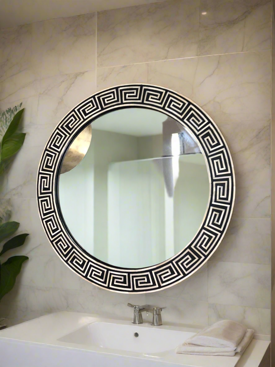 Heritage inlay round  wall mirror frame in geometric pattern