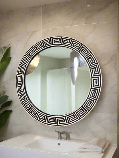 Heritage inlay round  wall mirror frame in geometric pattern