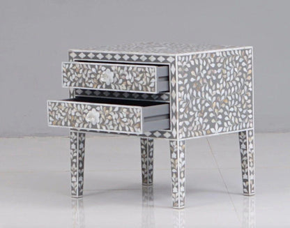  Mother of pearl  inlay floral pattern wooden two drawer bedside / nightstand / side table