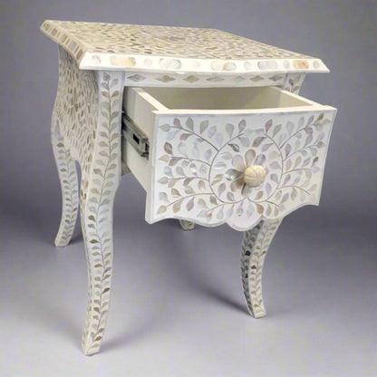 Gorgeous mother of pearl and resin inlay floral pattern wooden one drawer bedside nightstand/side table in white