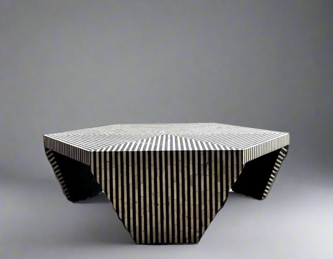  Heritage inlay stripes pattern Hexagon wooden coffee table  in Black