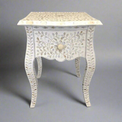 Gorgeous mother of pearl and resin inlay floral pattern wooden one drawer bedside nightstand/side table in white