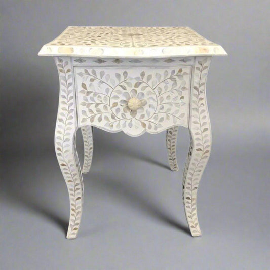 Gorgeous mother of pearl and resin inlay floral pattern wooden one drawer bedside nightstand/side table in white