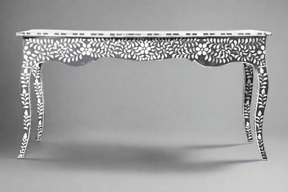 Mother of pearl inlay floral pattern with three drawer wooden console or writing desk table