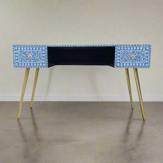 Mother of Pearl Inlay 2 Drawer Desk or Console Gold Coated Metal Legs