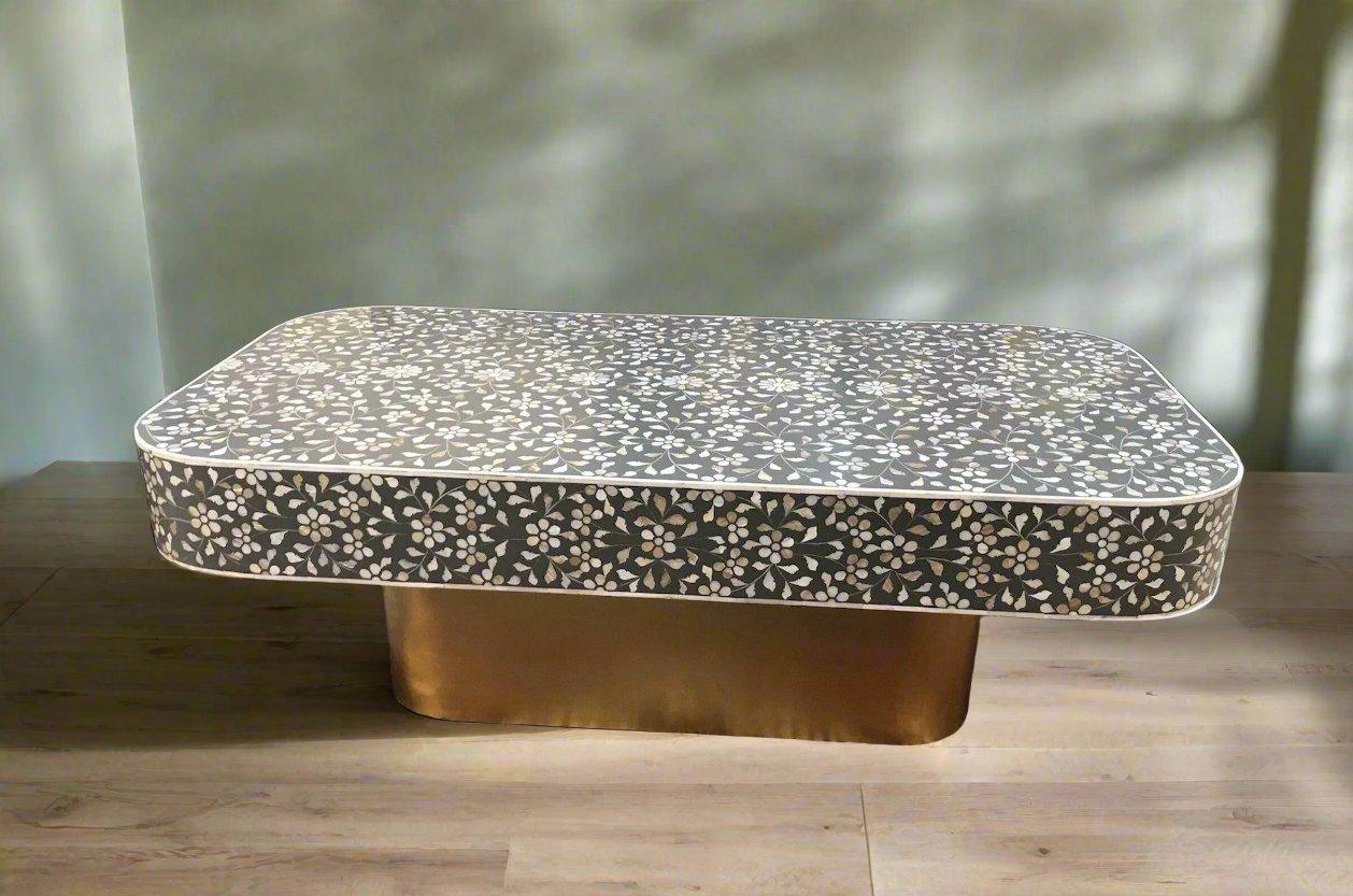  Mother of pearl inlay  floral pattern with brass metal base on wooden coffee table 