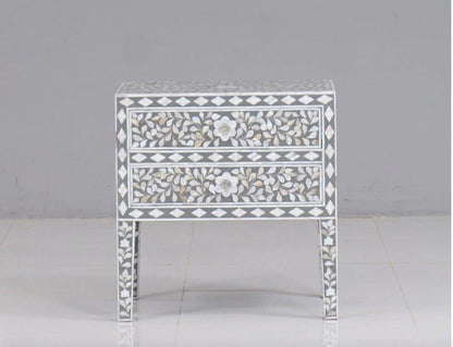 Mother of pearl  inlay floral pattern wooden two drawer bedside / nightstand / side table