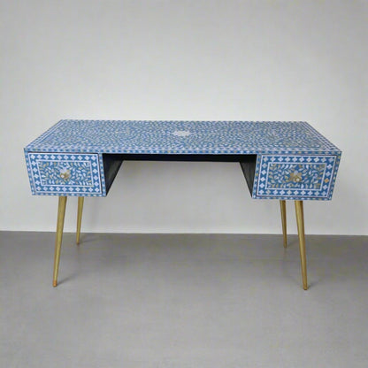 Mother of Pearl Inlay 2 Drawer Desk or Console Gold Coated Metal Legs