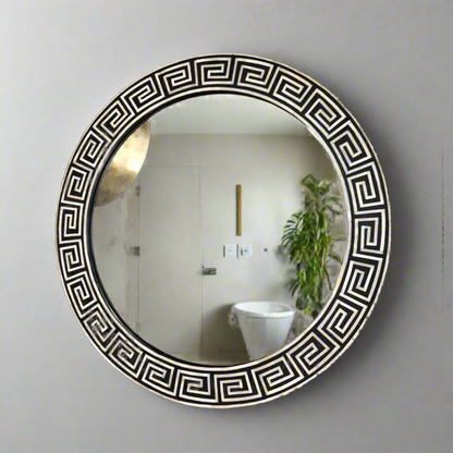 Heritage inlay round  wall mirror frame in geometric pattern