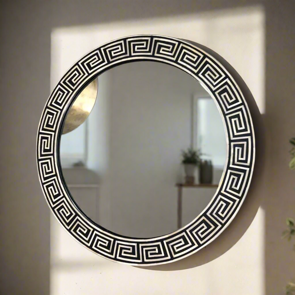 Heritage inlay round  wall mirror frame in geometric pattern