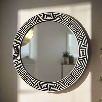 Heritage inlay round  wall mirror frame in geometric pattern
