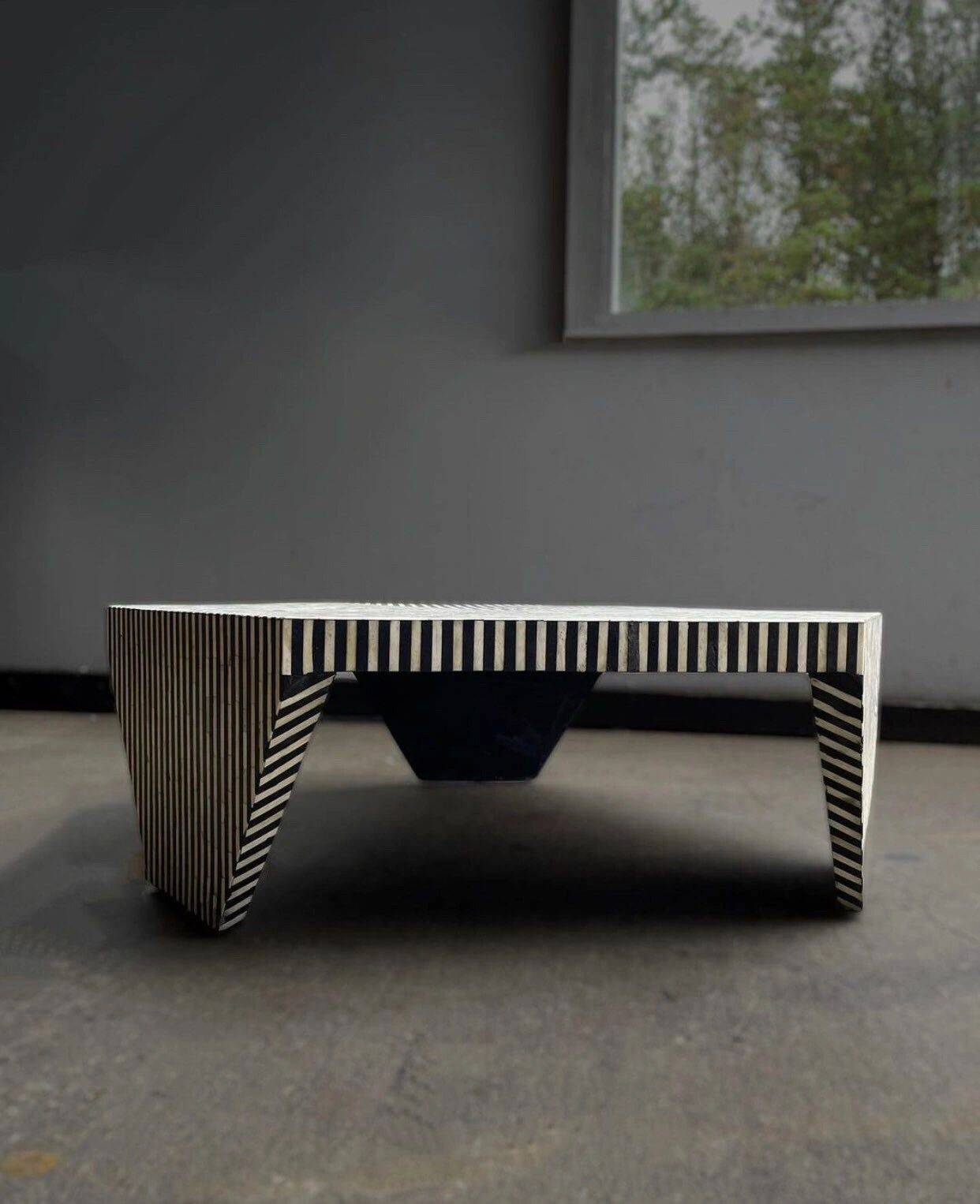  Heritage inlay stripes pattern Hexagon wooden coffee table  in Black