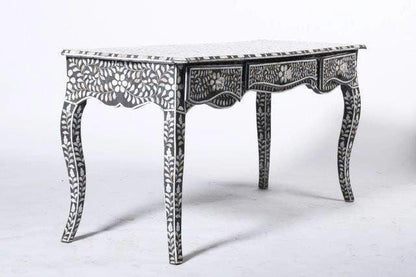  Mother of pearl  inlay floral pattern with three drawer wooden console or writing desk table