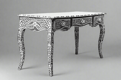 Mother of pearl inlay floral pattern with three drawer wooden console or writing desk table