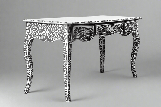 Mother of pearl inlay floral pattern with three drawer wooden console or writing desk table
