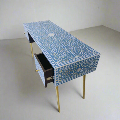 Mother of Pearl Inlay 2 Drawer Desk or Console Gold Coated Metal Legs