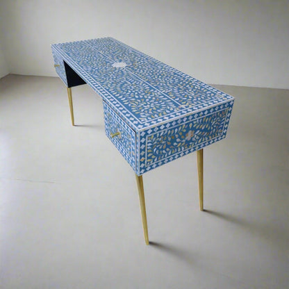 Mother of Pearl Inlay 2 Drawer Desk or Console Gold Coated Metal Legs
