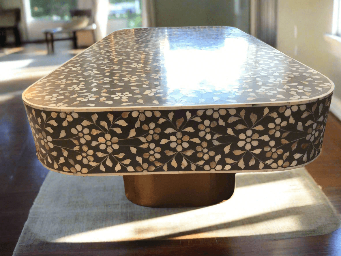 Mother of pearl inlay  floral pattern with brass metal base on wooden coffee table