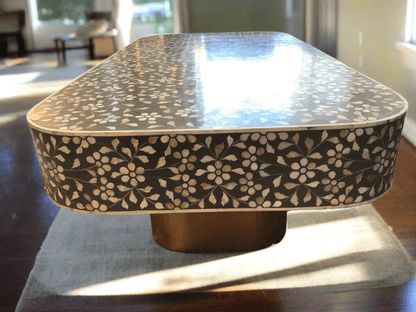 Mother of pearl inlay  floral pattern with brass metal base on wooden coffee table