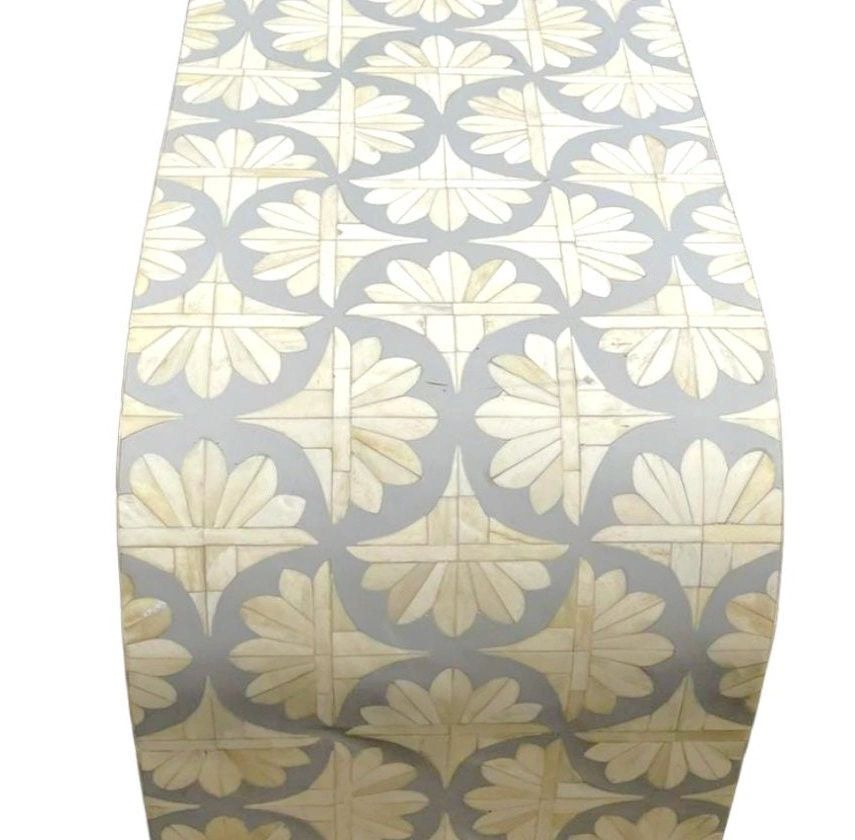  Heritage inlay lotus pattern with brass metal base legs wooden waterfall console table in grey
