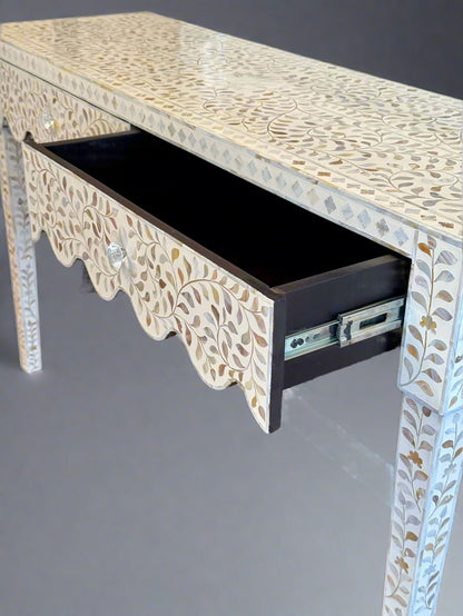 Mother of Pearl Inlay 2 Drawer Console - White Floral