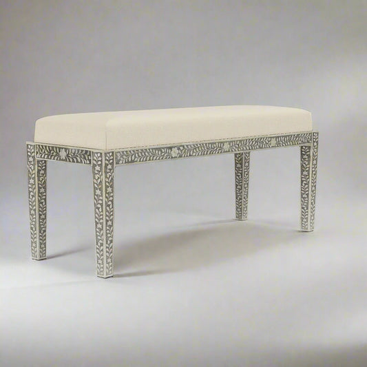 Heritage Inlay Floral Pattern Bench with elegant design and cream upholstery, perfect for adding a timeless touch to any space.