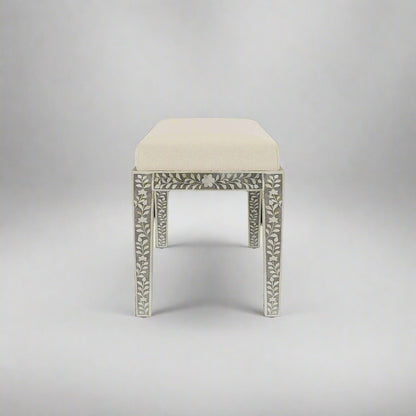 Heritage Inlay Floral Bench with cream cushion, featuring intricate floral patterns, perfect for elegant home decor.