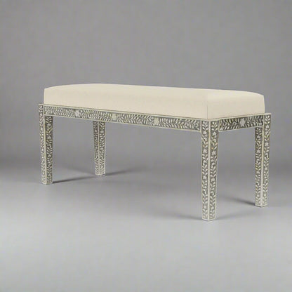 Heritage Inlay floral pattern bench with elegant design and neutral cushion, perfect for any decor.