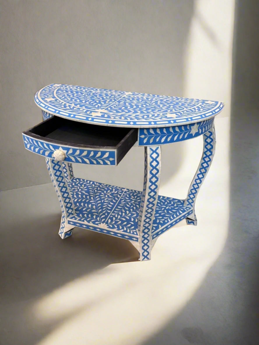 Heritage  inlay floral pattern one drawer carved wooden console table