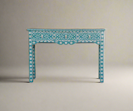 Heritage Inlay Moroccan Pattern Console Table featuring intricate geometric designs in blue and white.