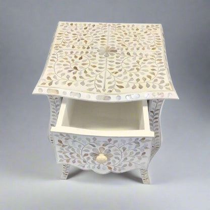 Gorgeous mother of pearl and resin inlay floral pattern wooden one drawer bedside nightstand/side table in white