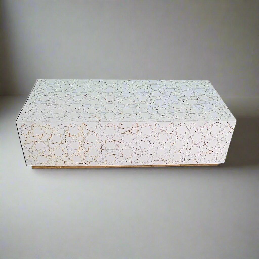  Mother of pearl inlay  star pattern with brass metal base on wooden rectangle coffee table 