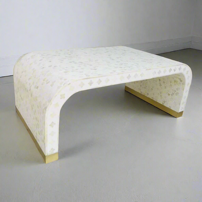 Heritage  inlay Targua pattern with brass metal base legs wooden waterfall coffee table