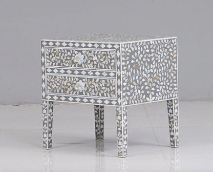  Mother of pearl  inlay floral pattern wooden two drawer bedside / nightstand / side table