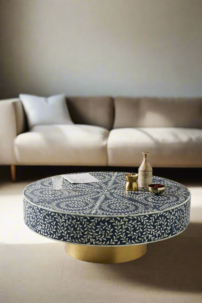 Heritage inlay floral pattern with brass metal base round coffee table  in Navy blue