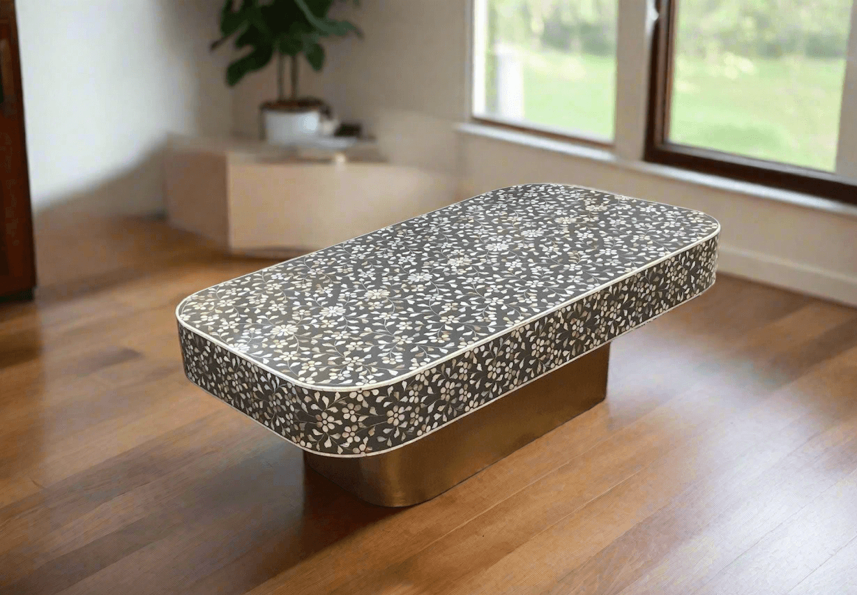 Mother of pearl inlay  floral pattern with brass metal base on wooden coffee table