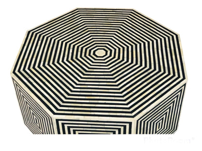   Heritage inlay geometric pattern on wooden hexagon coffee table 