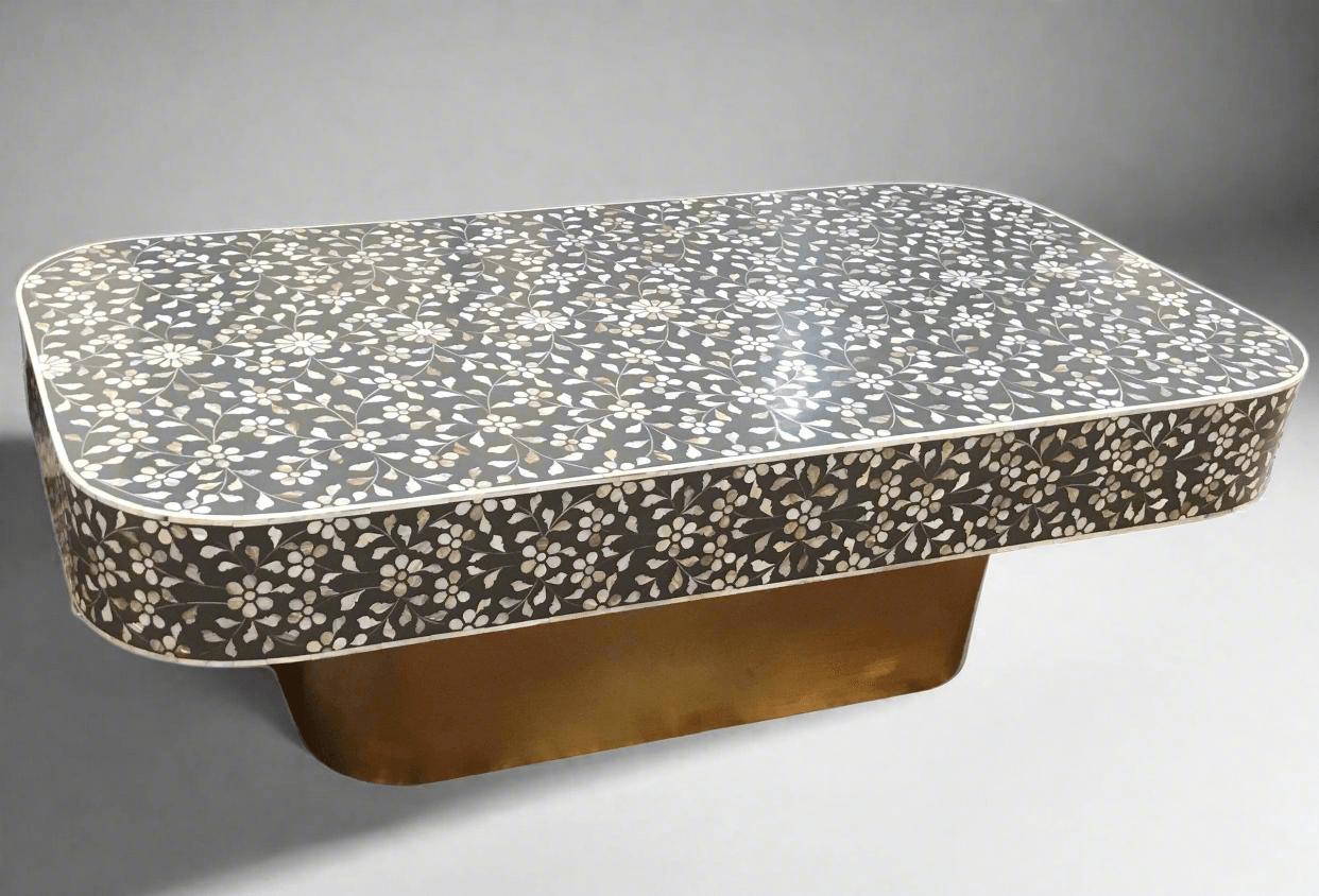 Mother of pearl inlay  floral pattern with brass metal base on wooden coffee table